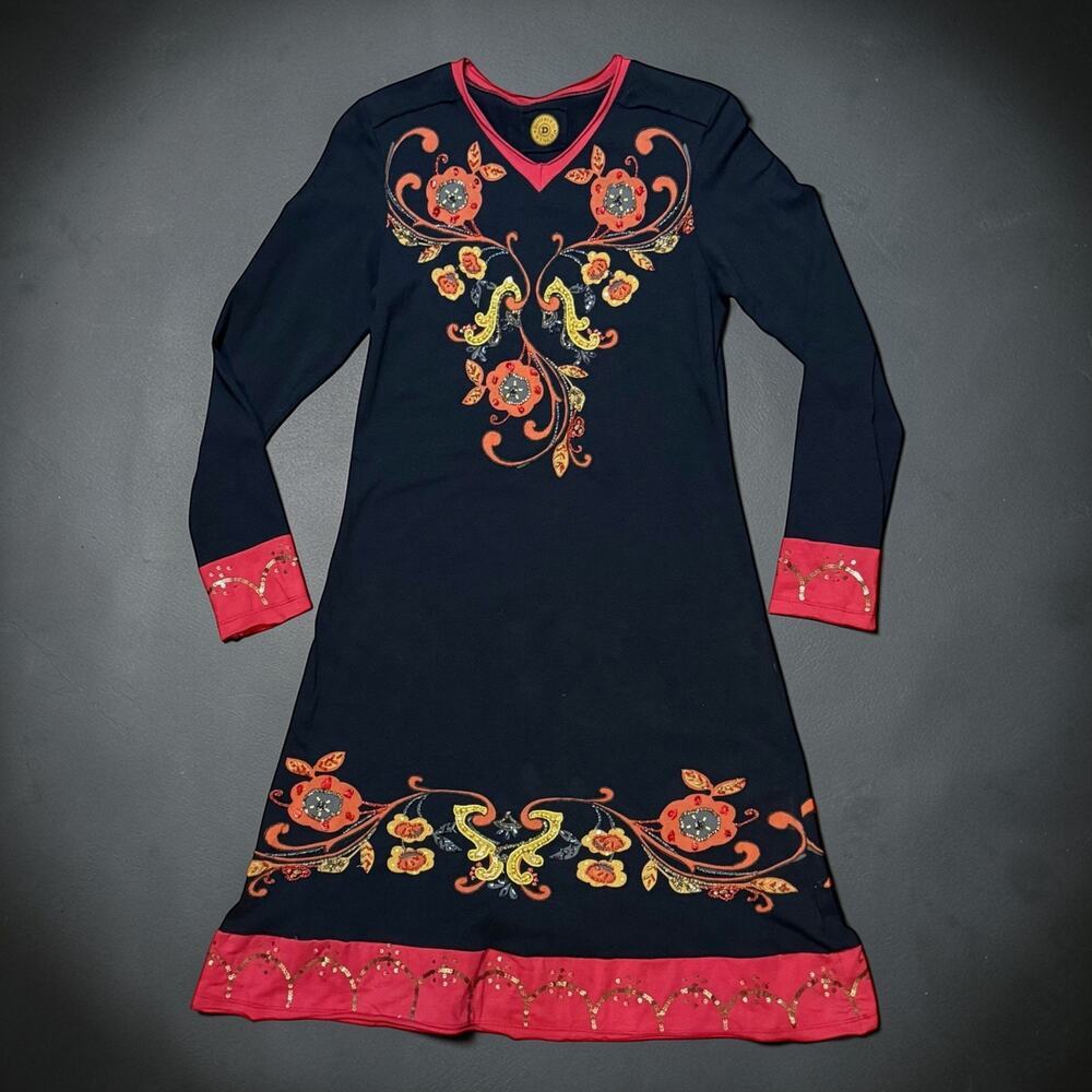 Double D Ranch Southwestern Long Sleeve Dress Womens Black Beaded Boho XS